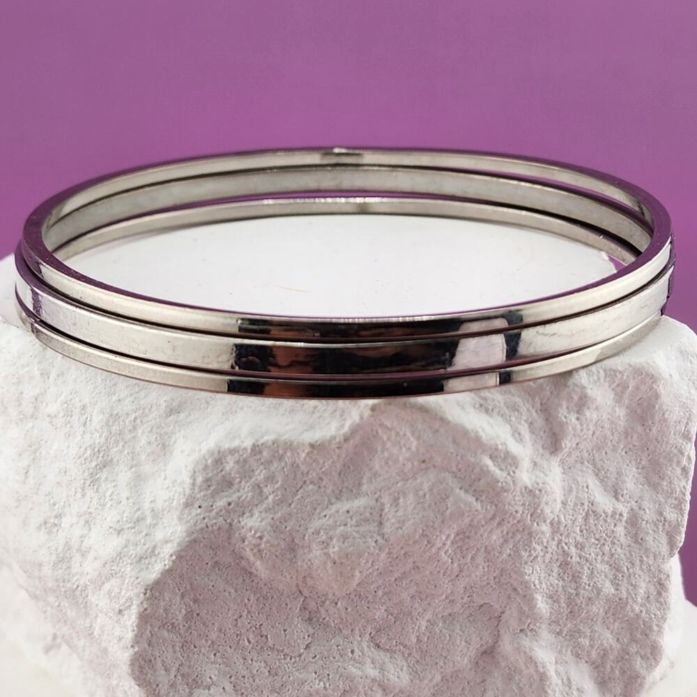 Silver Tone Three Slim Smooth Bangle Bracelets Minimalist Stacking Set